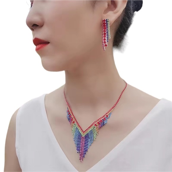 Colorful Rhinestone Earrings and Necklace Matching Set - Picture 1 of 9